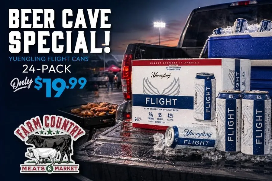 Yuengling Flight 24-pack slim cans, $19.99 this week in the Ice House at Farm Country in Union.